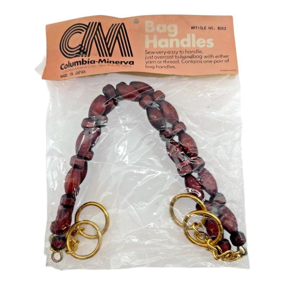 NOS 1970s Columbia-Minerva CM Bag Handles Wood Bead Brass Tone 5.5" Boho Vintage